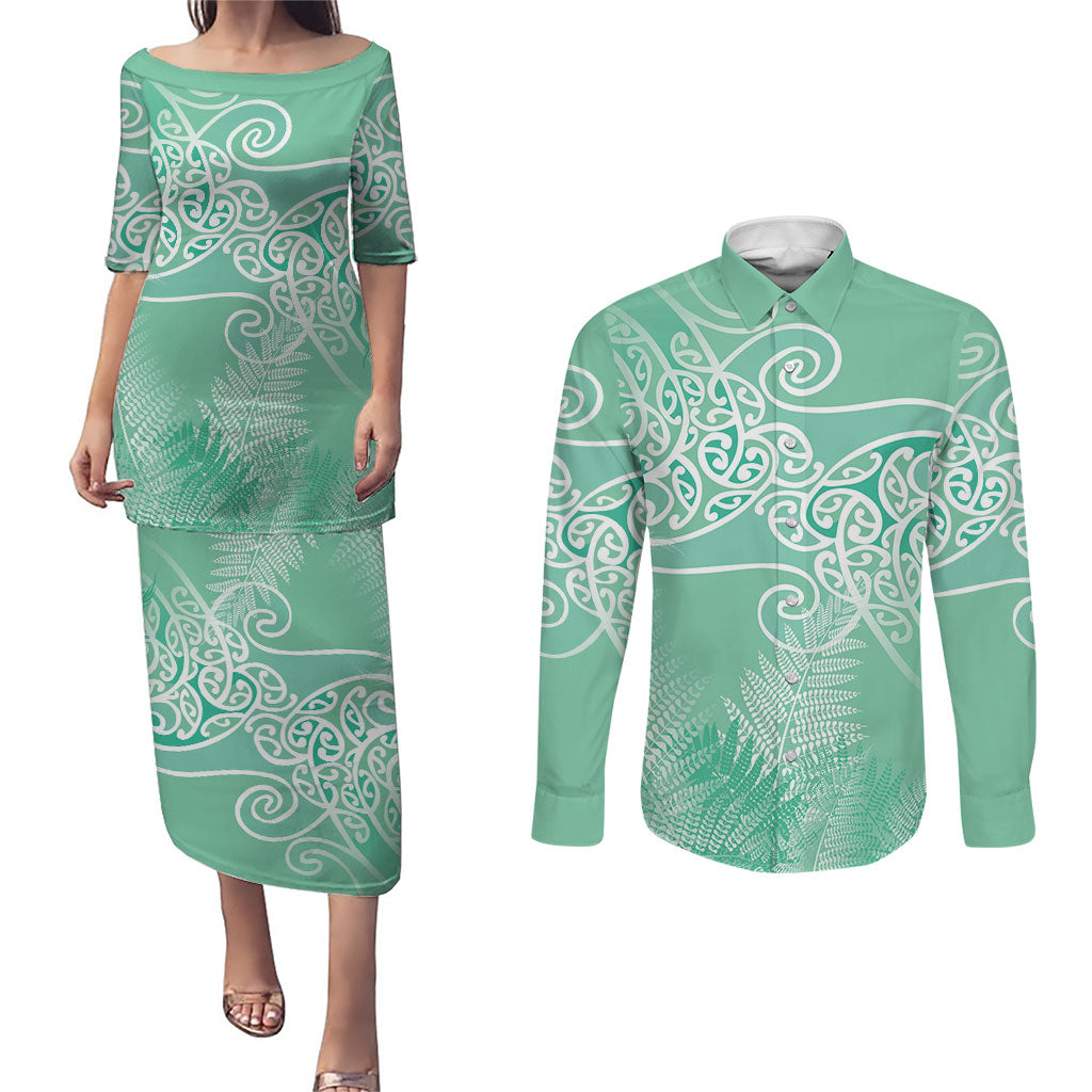 Aotearoa Maori Koru Curves Couples Matching Puletasi and Long Sleeve Button Shirt Silver Ferns - Mint LT7 Mint Green - Polynesian Pride