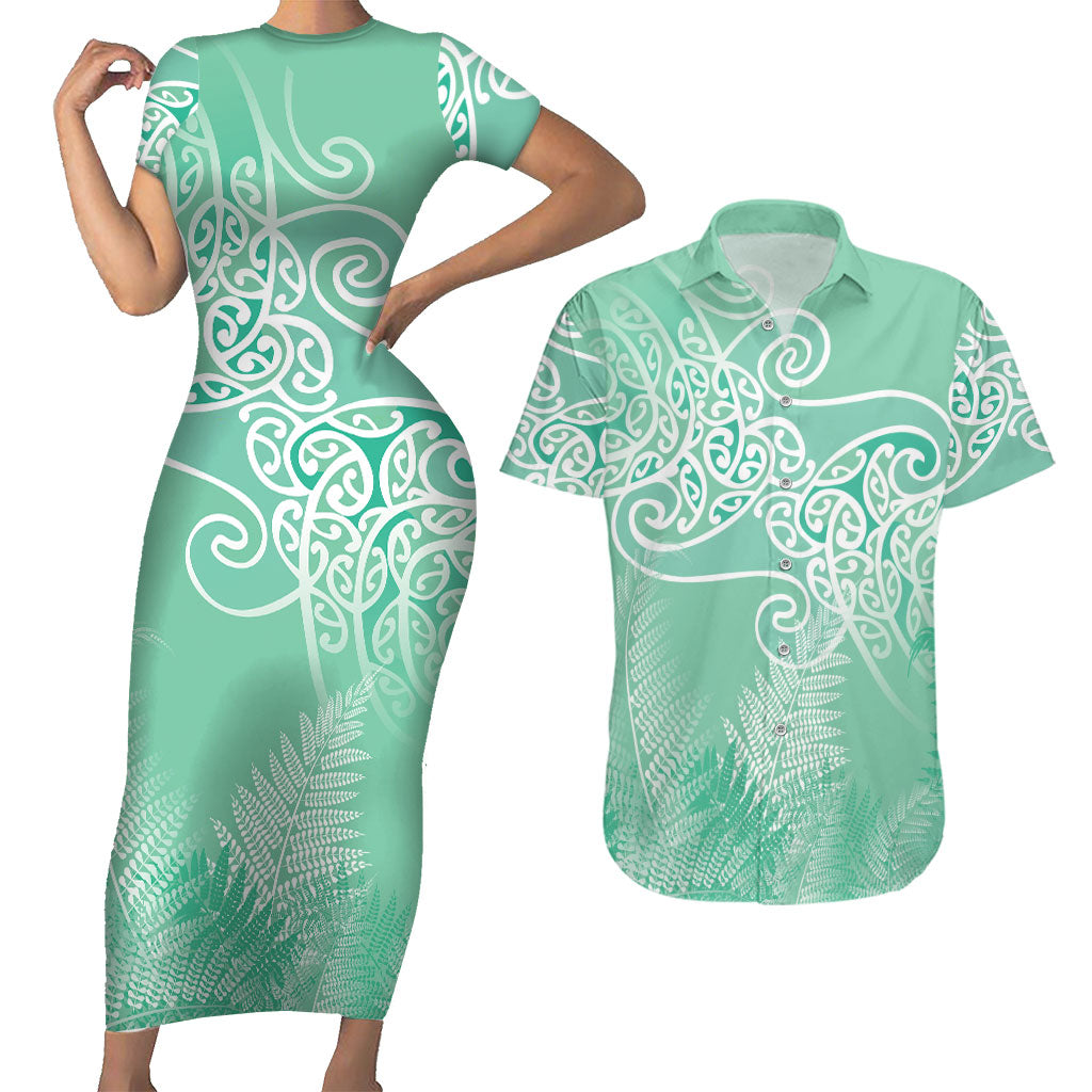 Aotearoa Maori Koru Curves Couples Matching Short Sleeve Bodycon Dress and Hawaiian Shirt Silver Ferns - Mint LT7 Mint Green - Polynesian Pride