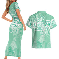 Aotearoa Maori Koru Curves Couples Matching Short Sleeve Bodycon Dress and Hawaiian Shirt Silver Ferns - Mint LT7 - Polynesian Pride