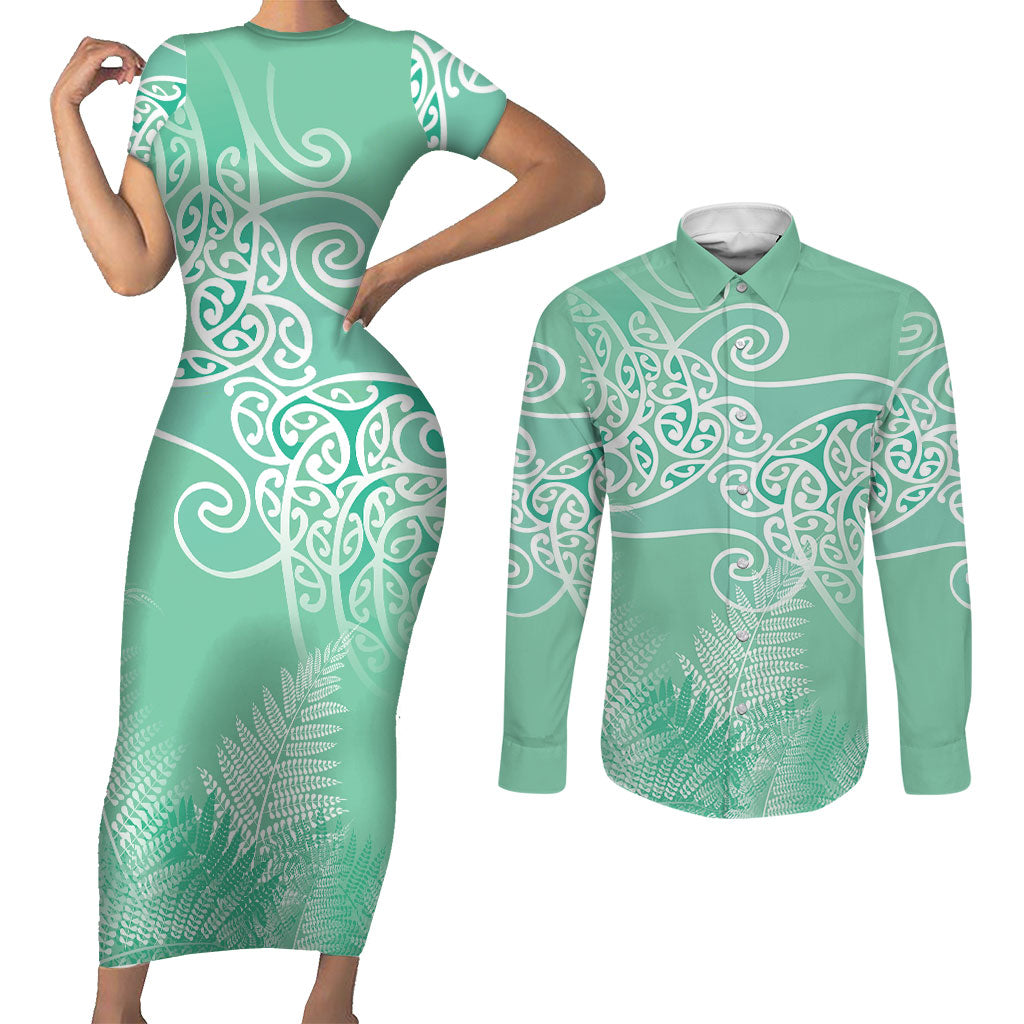 Aotearoa Maori Koru Curves Couples Matching Short Sleeve Bodycon Dress and Long Sleeve Button Shirt Silver Ferns - Mint LT7 Mint Green - Polynesian Pride