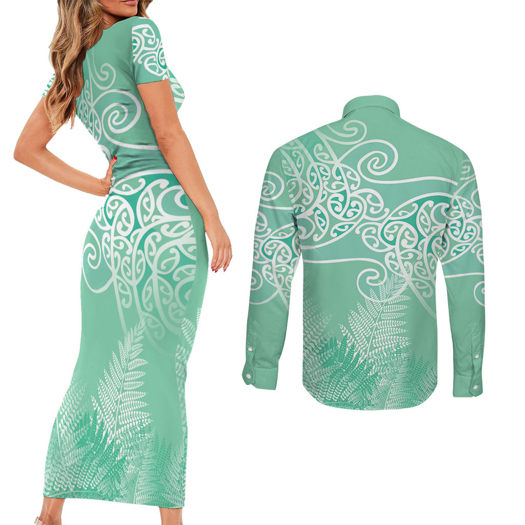 Aotearoa Maori Koru Curves Couples Matching Short Sleeve Bodycon Dress and Long Sleeve Button Shirt Silver Ferns - Mint LT7 - Polynesian Pride