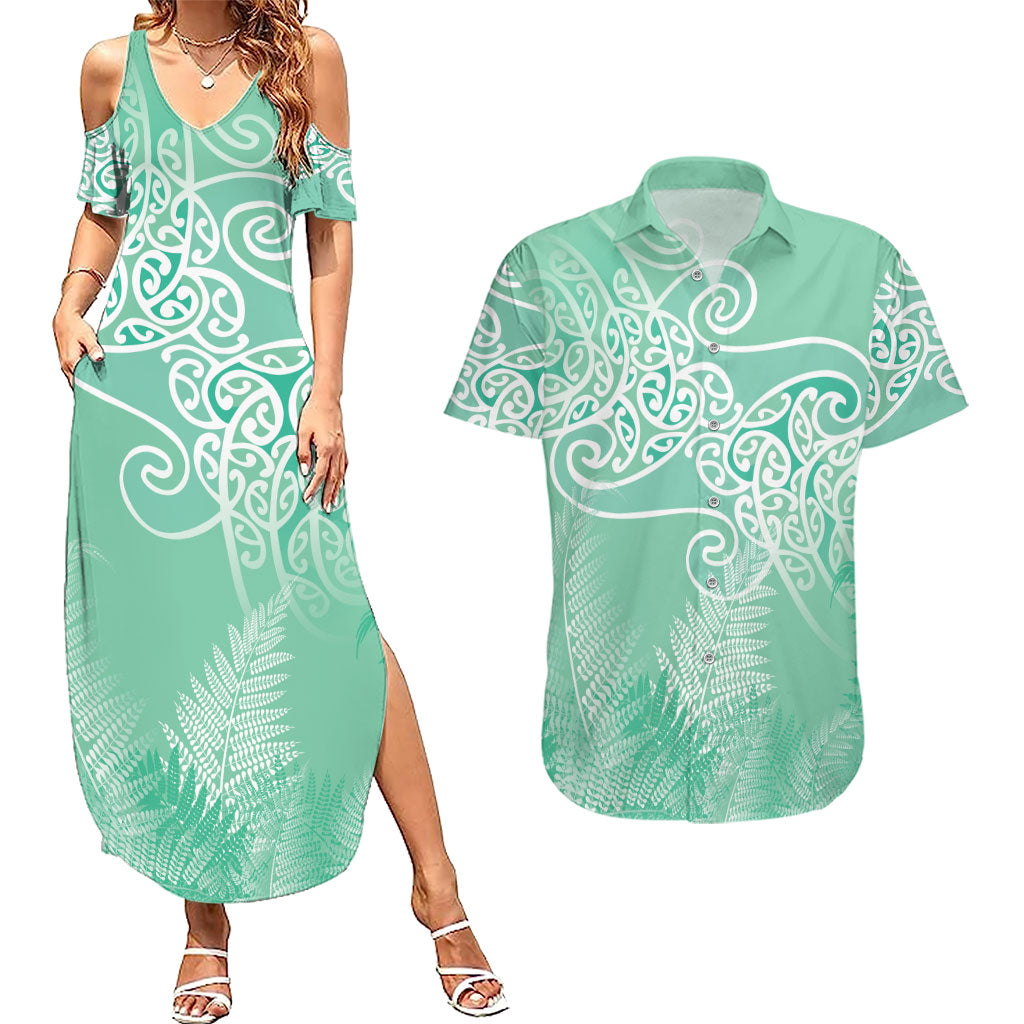 Aotearoa Maori Koru Curves Couples Matching Summer Maxi Dress and Hawaiian Shirt Silver Ferns - Mint LT7 Mint Green - Polynesian Pride