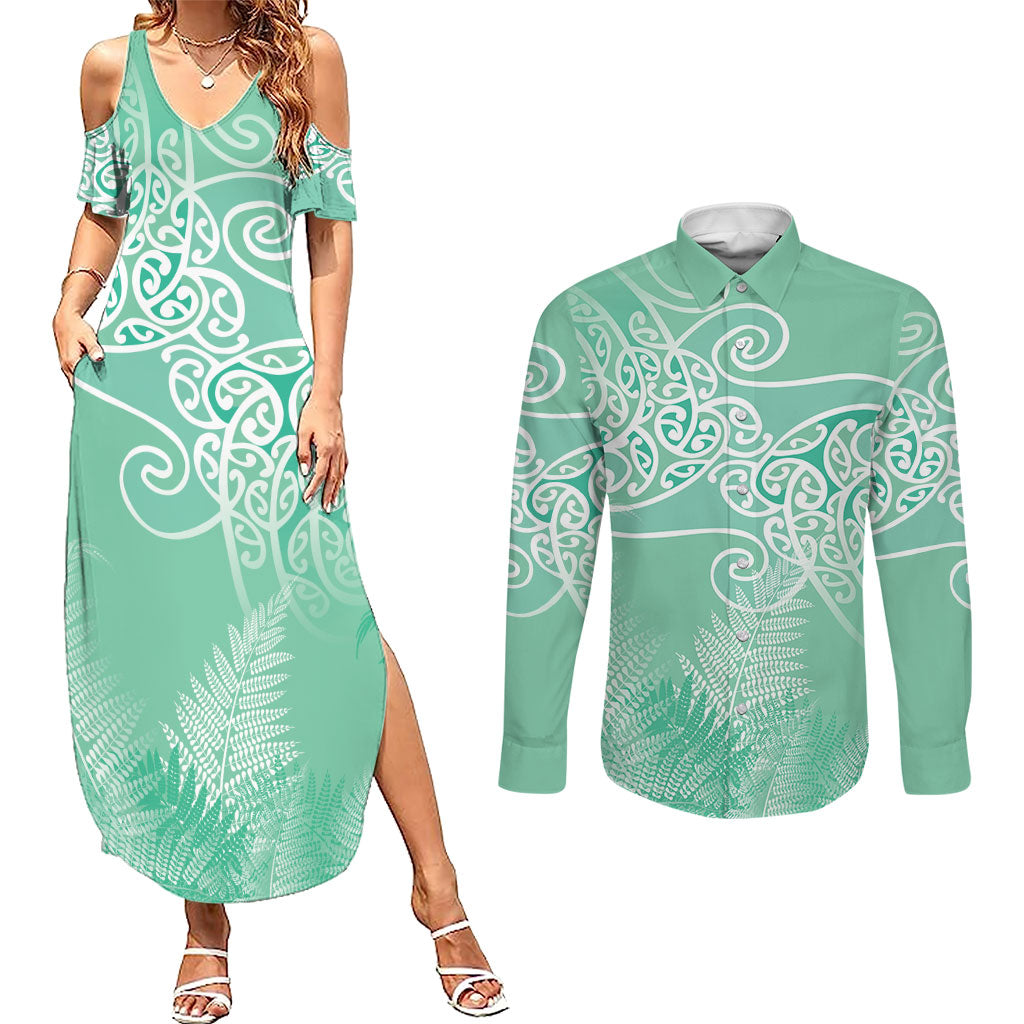Aotearoa Maori Koru Curves Couples Matching Summer Maxi Dress and Long Sleeve Button Shirt Silver Ferns - Mint LT7 Mint Green - Polynesian Pride