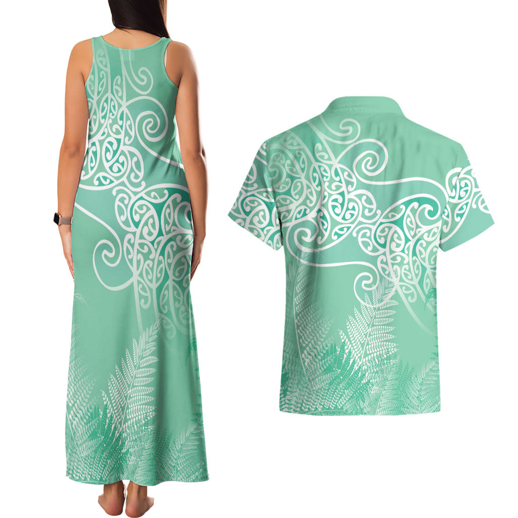 Aotearoa Maori Koru Curves Couples Matching Tank Maxi Dress and Hawaiian Shirt Silver Ferns - Mint LT7 - Polynesian Pride