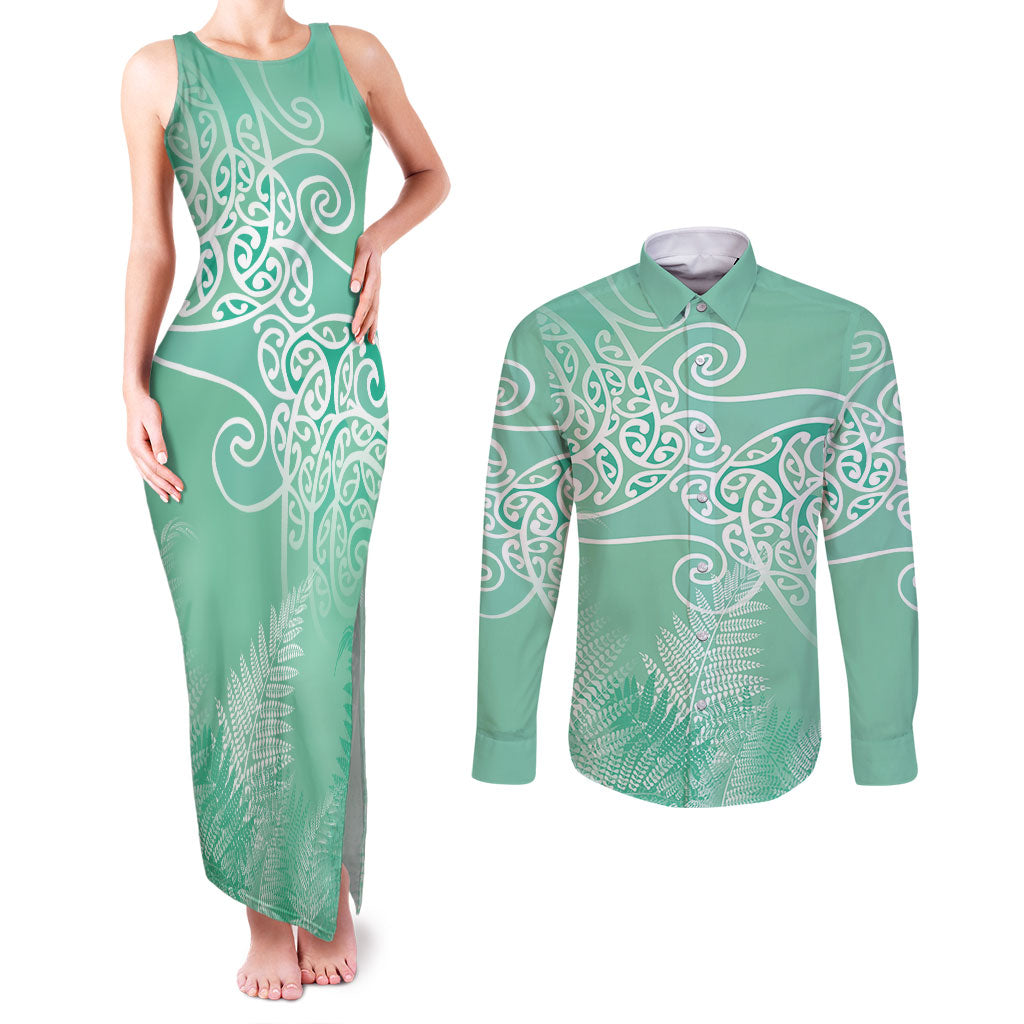 Aotearoa Maori Koru Curves Couples Matching Tank Maxi Dress and Long Sleeve Button Shirt Silver Ferns - Mint LT7 Mint Green - Polynesian Pride