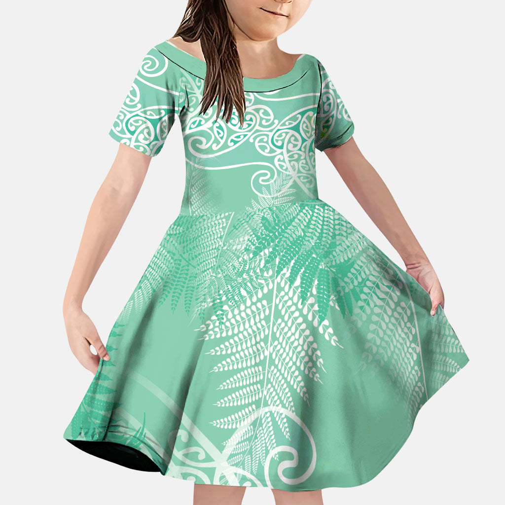 Aotearoa Maori Koru Curves Family Matching Off The Shoulder Long Sleeve Dress and Hawaiian Shirt Silver Ferns - Mint LT7 Daughter's Dress Mint Green - Polynesian Pride