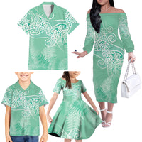 Aotearoa Maori Koru Curves Family Matching Off The Shoulder Long Sleeve Dress and Hawaiian Shirt Silver Ferns - Mint LT7 - Polynesian Pride