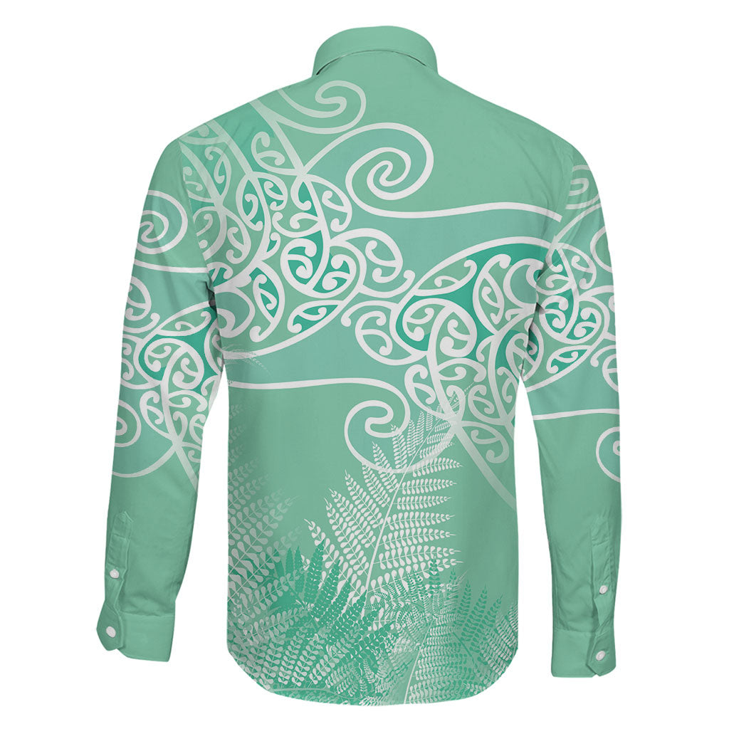Aotearoa Maori Koru Curves Family Matching Off The Shoulder Long Sleeve Dress and Hawaiian Shirt Silver Ferns - Mint LT7 - Polynesian Pride