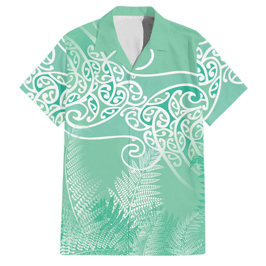 Aotearoa Maori Koru Curves Family Matching Off Shoulder Maxi Dress and Hawaiian Shirt Silver Ferns - Mint LT7 Dad's Shirt - Short Sleeve Mint Green - Polynesian Pride