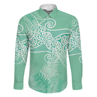 Aotearoa Maori Koru Curves Family Matching Off Shoulder Maxi Dress and Hawaiian Shirt Silver Ferns - Mint LT7 Dad's Shirt - Long Sleeve Mint Green - Polynesian Pride