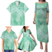 Aotearoa Maori Koru Curves Family Matching Puletasi and Hawaiian Shirt Silver Ferns - Mint LT7 - Polynesian Pride