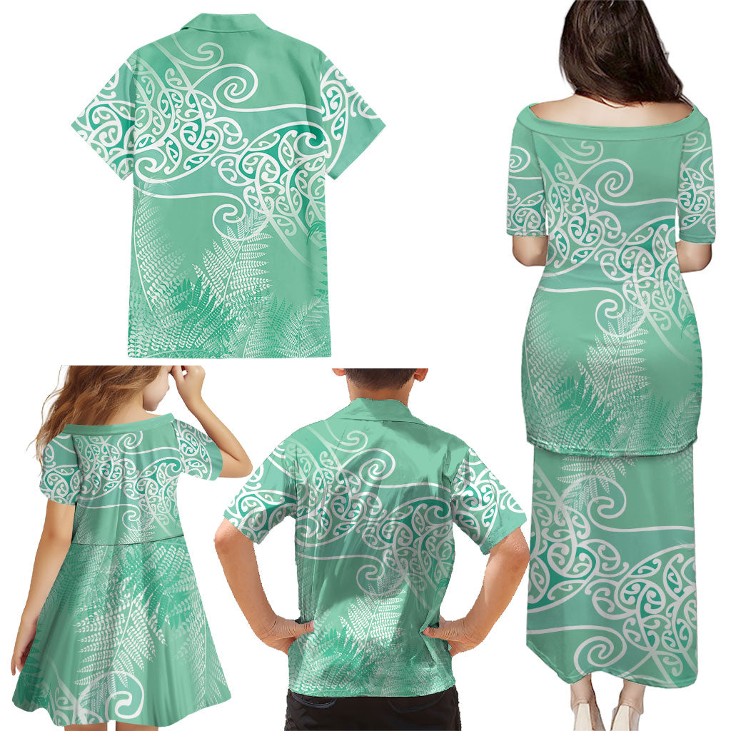 Aotearoa Maori Koru Curves Family Matching Puletasi and Hawaiian Shirt Silver Ferns - Mint LT7 - Polynesian Pride