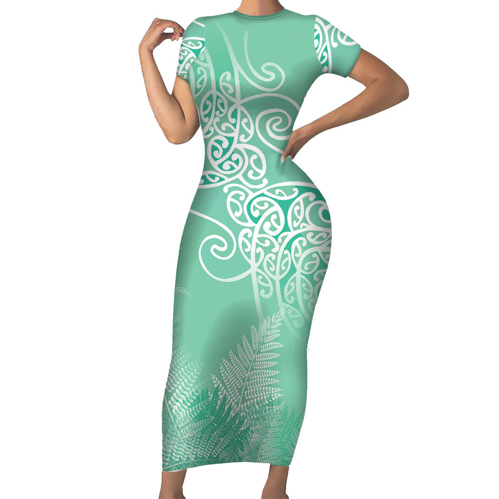Aotearoa Maori Koru Curves Family Matching Short Sleeve Bodycon Dress and Hawaiian Shirt Silver Ferns - Mint LT7 Mom's Dress Mint Green - Polynesian Pride