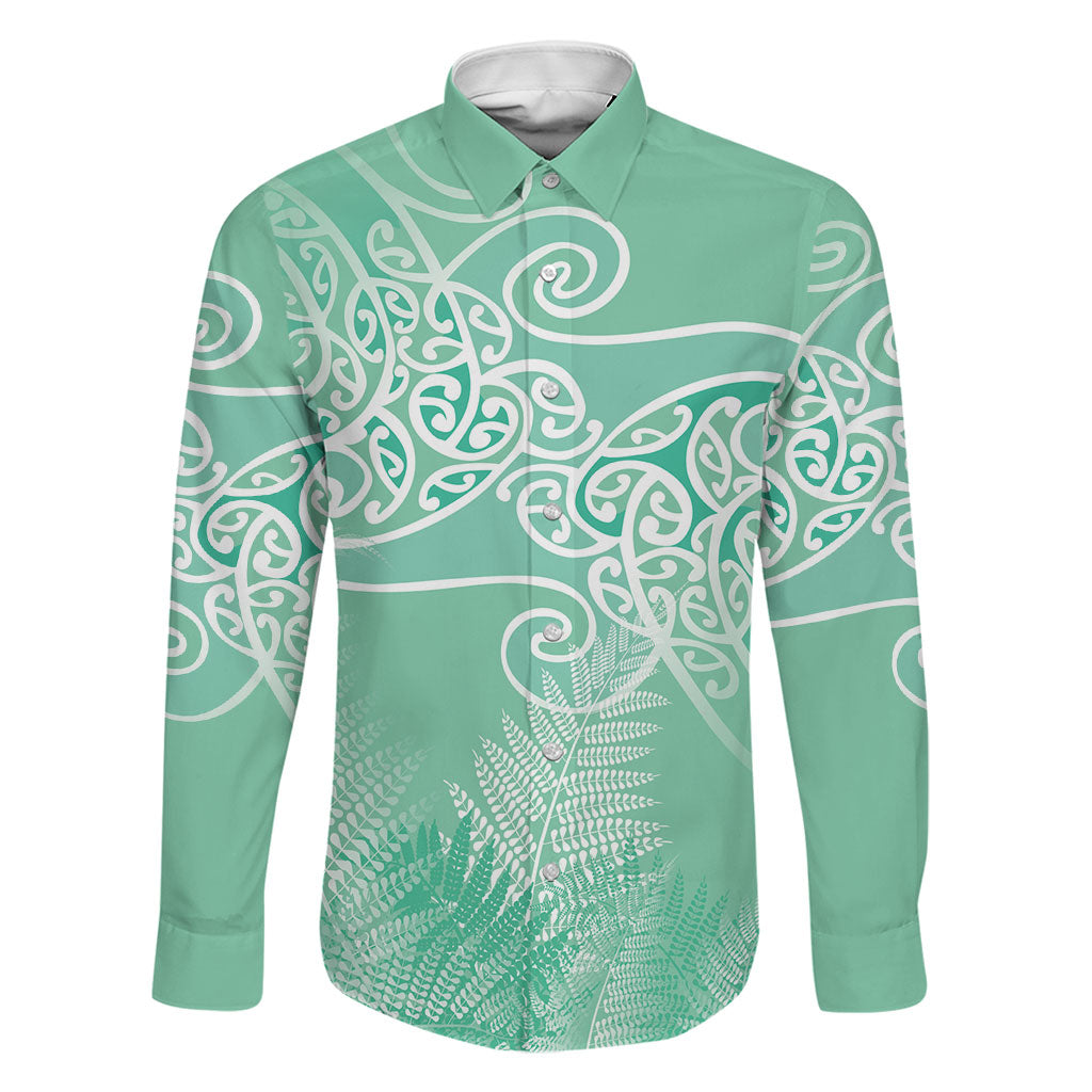 Aotearoa Maori Koru Curves Family Matching Summer Maxi Dress and Hawaiian Shirt Silver Ferns - Mint LT7 Dad's Shirt - Long Sleeve Mint Green - Polynesian Pride