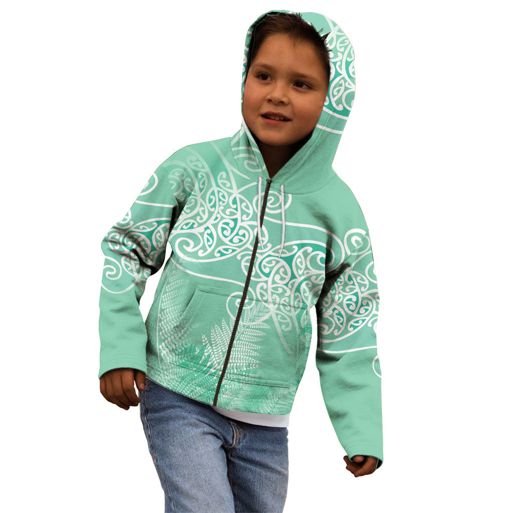 Aotearoa Maori Koru Curves Kid Hoodie Silver Ferns - Mint