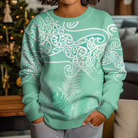 Aotearoa Maori Koru Curves Kid Ugly Christmas Sweater Silver Ferns - Mint LT7 - Polynesian Pride