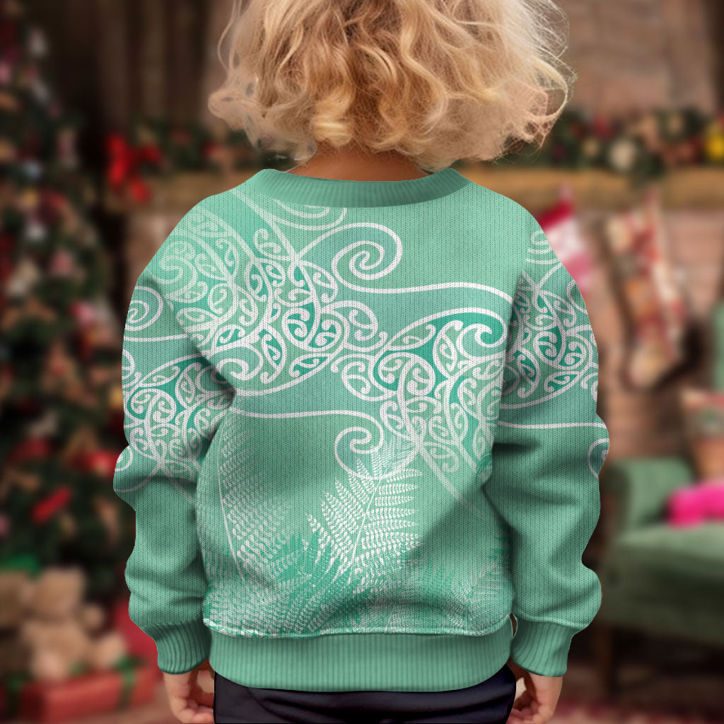 Aotearoa Maori Koru Curves Kid Ugly Christmas Sweater Silver Ferns - Mint LT7 - Polynesian Pride
