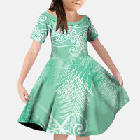 Aotearoa Maori Koru Curves Kid Short Sleeve Dress Silver Ferns - Mint