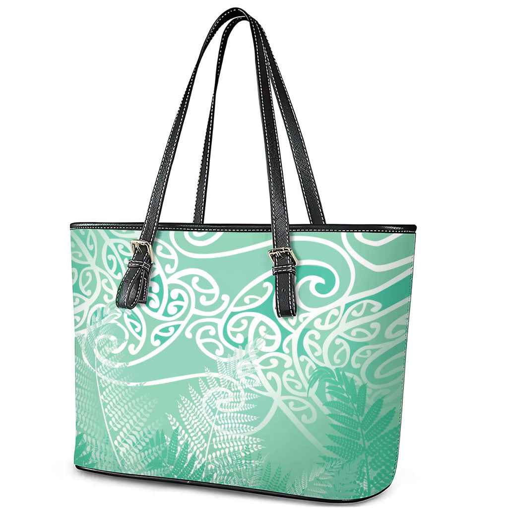 Aotearoa Maori Koru Curves Leather Tote Bag Silver Ferns - Mint