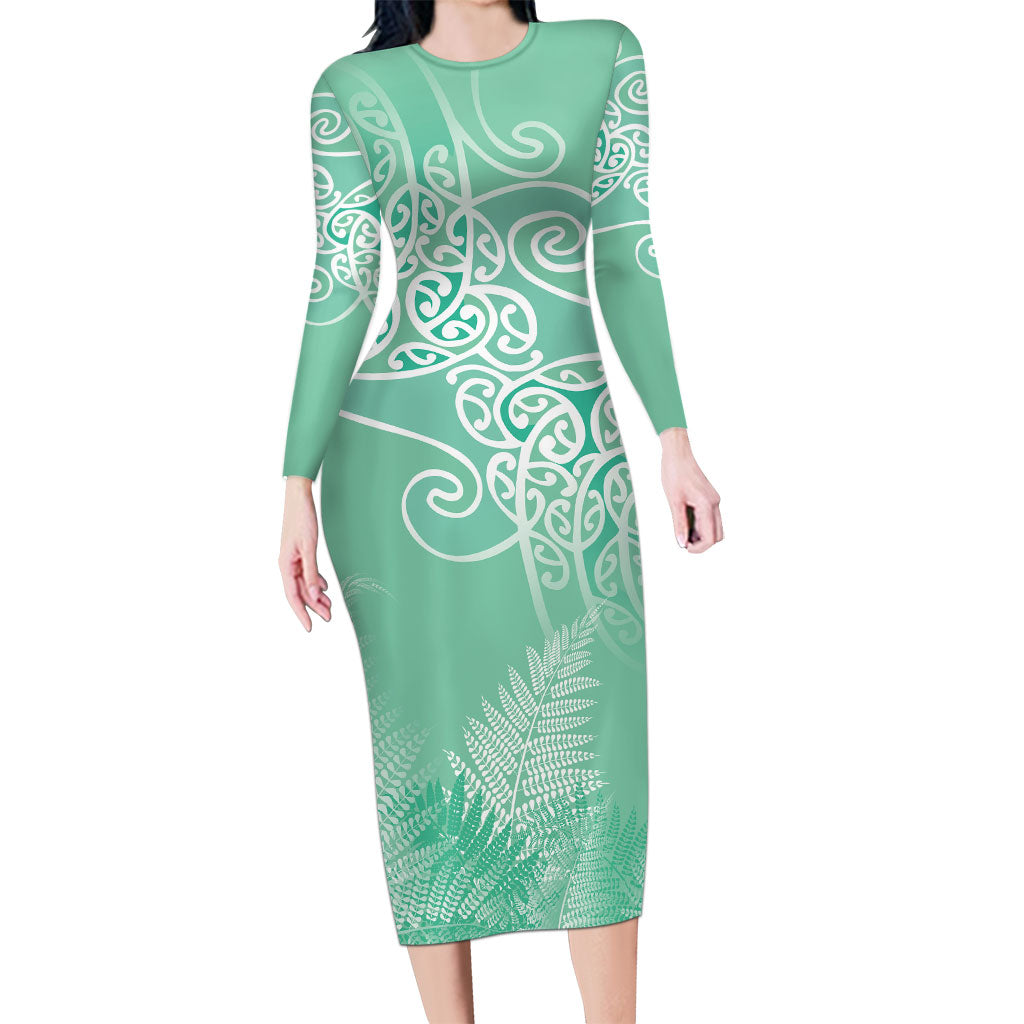 Aotearoa Maori Koru Curves Long Sleeve Bodycon Dress Silver Ferns - Mint