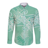 Aotearoa Maori Koru Curves Long Sleeve Button Shirt Silver Ferns - Mint