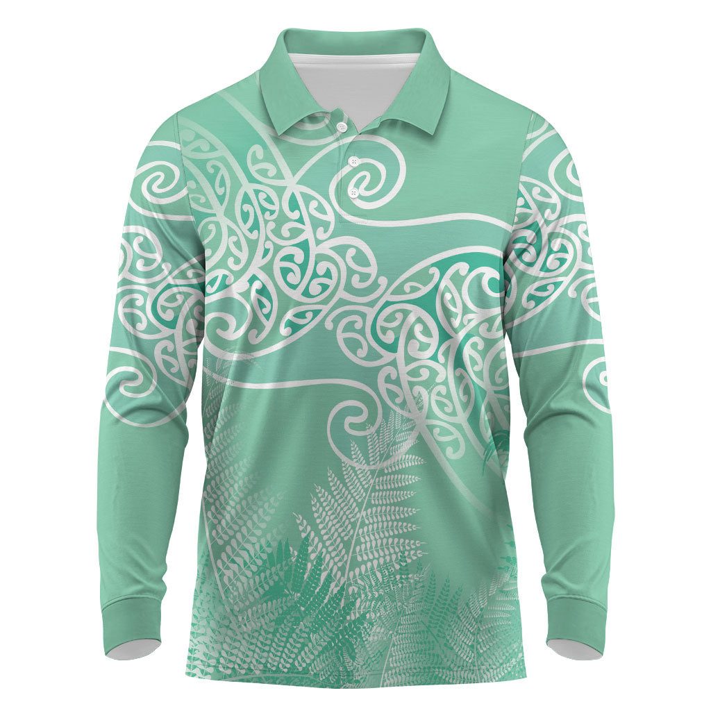 Aotearoa Maori Koru Curves Long Sleeve Polo Shirt Silver Ferns - Mint LT7 Mint Green - Polynesian Pride