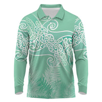 Aotearoa Maori Koru Curves Long Sleeve Polo Shirt Silver Ferns - Mint LT7 Mint Green - Polynesian Pride