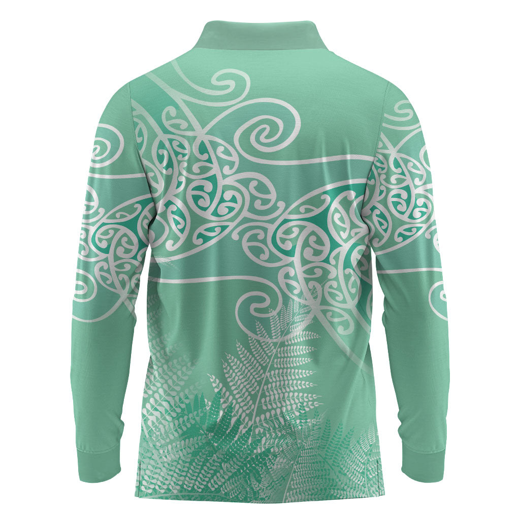 Aotearoa Maori Koru Curves Long Sleeve Polo Shirt Silver Ferns - Mint LT7 - Polynesian Pride