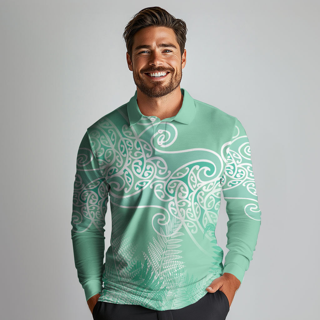 Aotearoa Maori Koru Curves Long Sleeve Polo Shirt Silver Ferns - Mint LT7 - Polynesian Pride