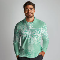 Aotearoa Maori Koru Curves Long Sleeve Polo Shirt Silver Ferns - Mint LT7 - Polynesian Pride