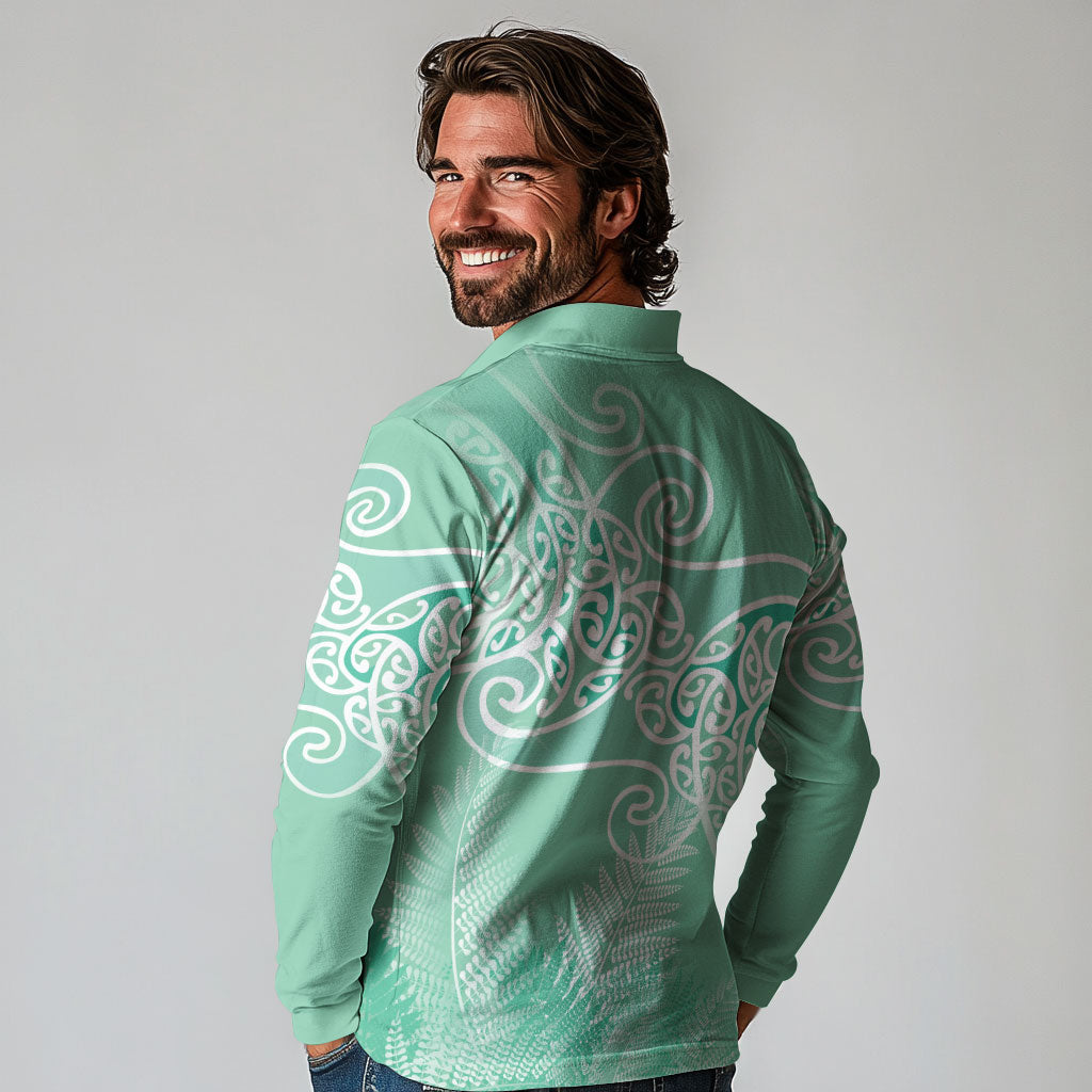 Aotearoa Maori Koru Curves Long Sleeve Polo Shirt Silver Ferns - Mint LT7 - Polynesian Pride