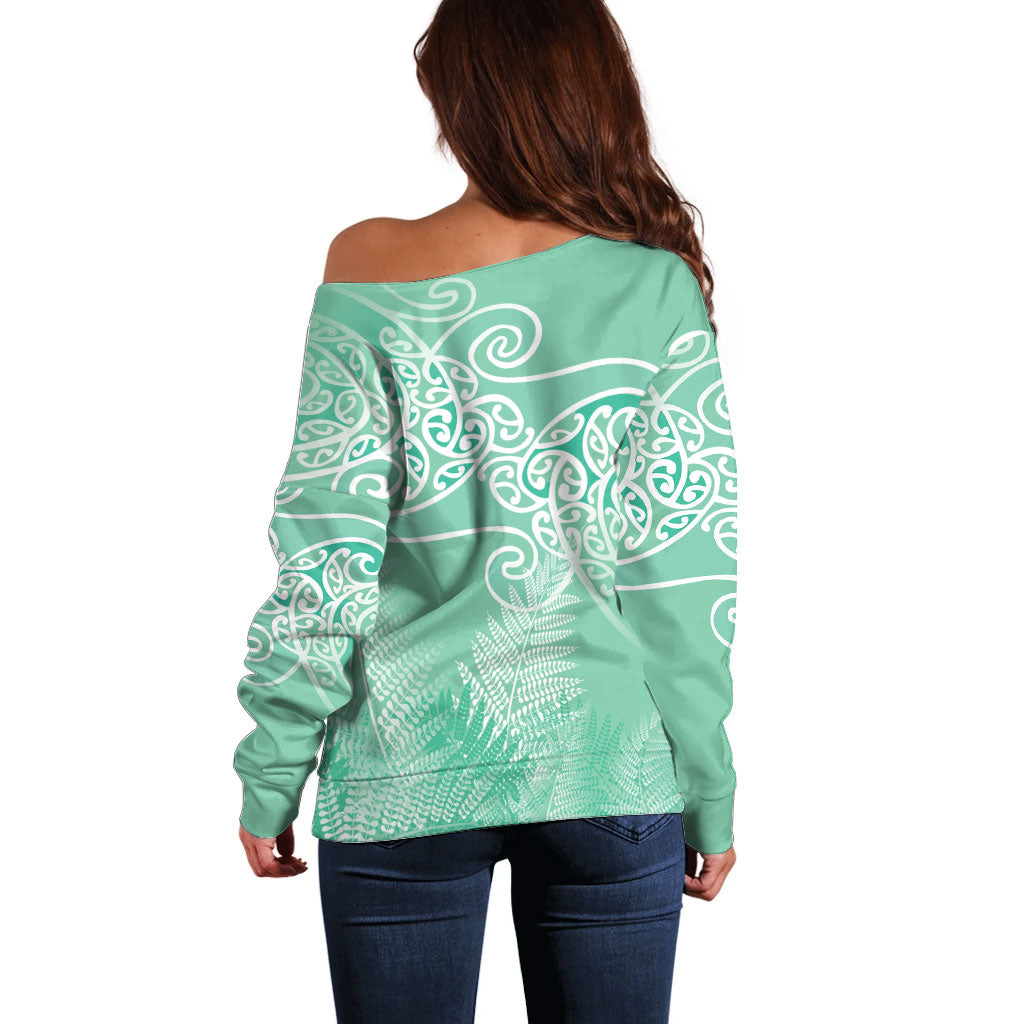 Aotearoa Maori Koru Curves Off Shoulder Sweater Silver Ferns - Mint