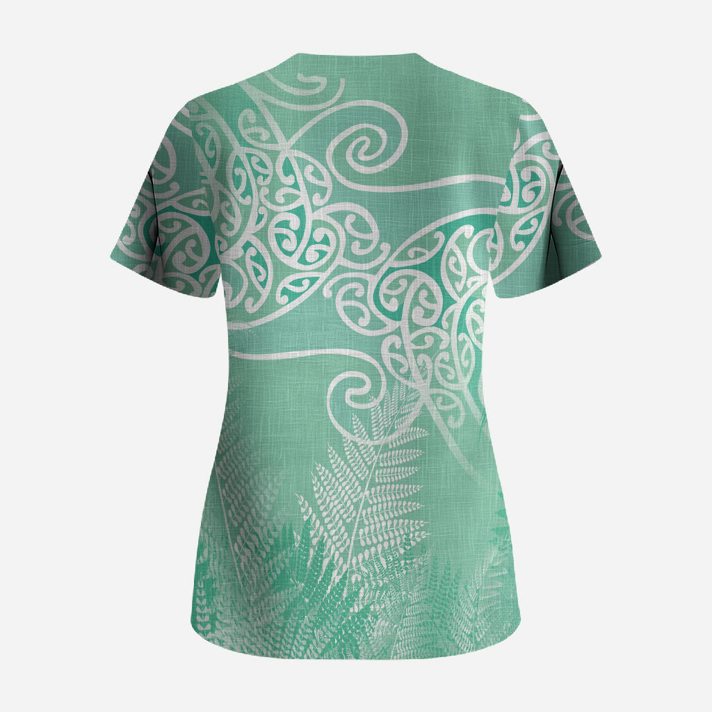 Aotearoa Maori Koru Curves Scrub Top Silver Ferns - Mint