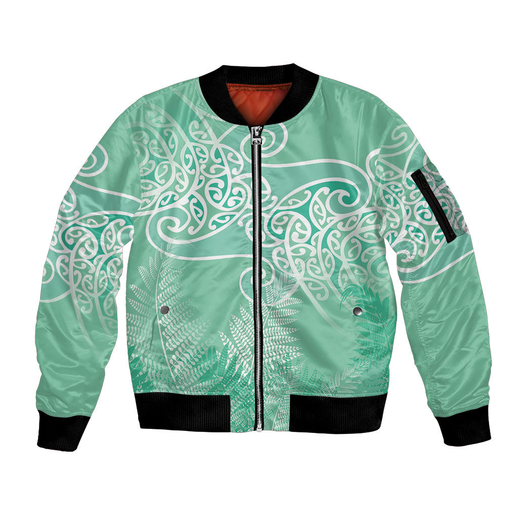 Aotearoa Maori Koru Curves Sleeve Zip Bomber Jacket Silver Ferns - Mint