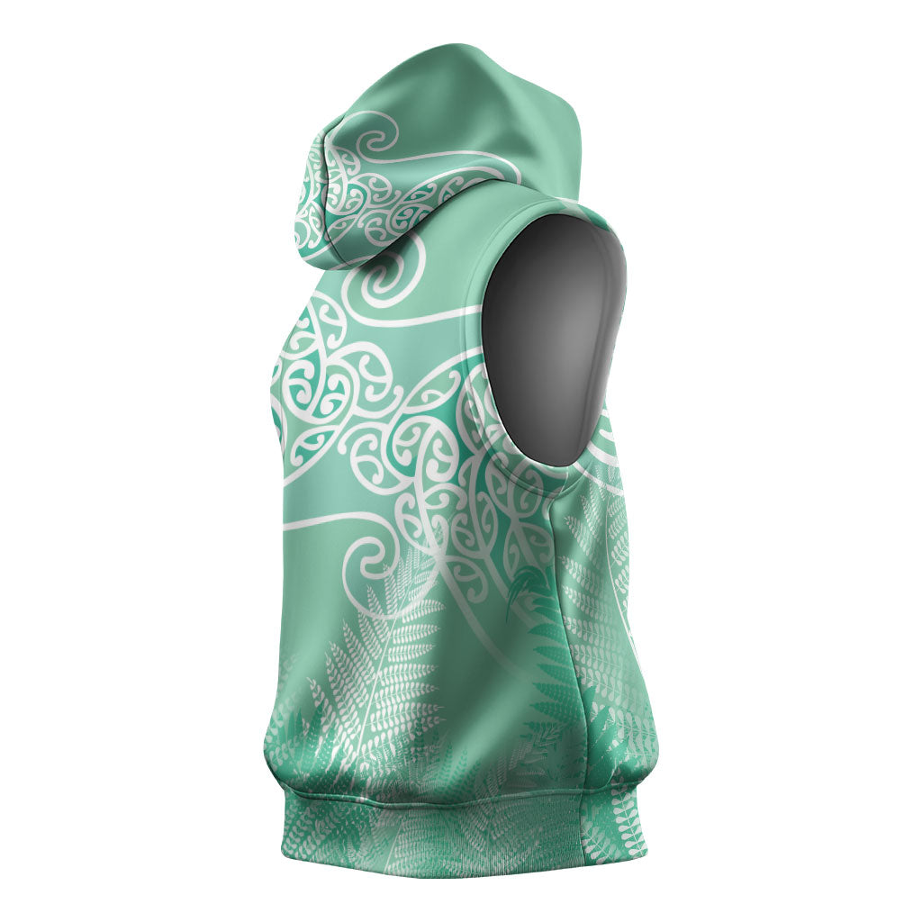 Aotearoa Maori Koru Curves Sleeveless Hoodie Silver Ferns - Mint