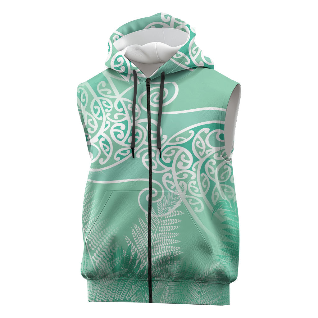 Aotearoa Maori Koru Curves Sleeveless Zip Hoodie Silver Ferns - Mint