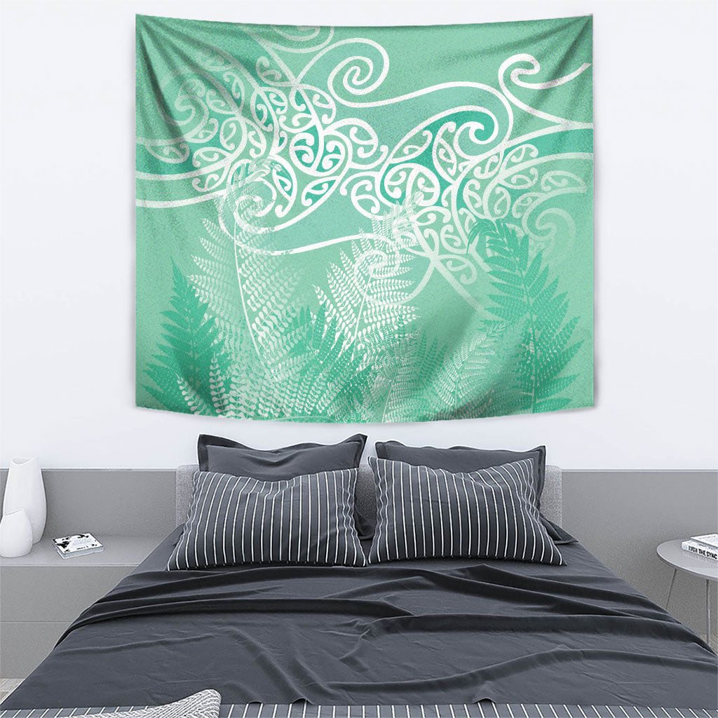 Aotearoa Maori Koru Curves Tapestry Silver Ferns - Mint