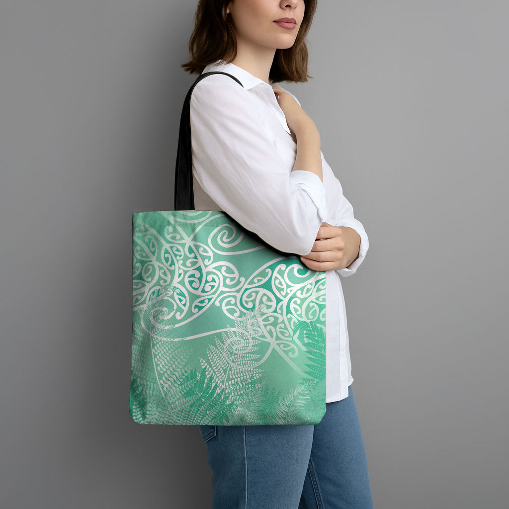 Aotearoa Maori Koru Curves Tote Bag Silver Ferns - Mint