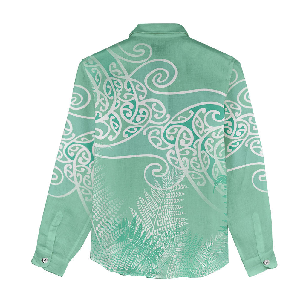 Aotearoa Maori Koru Curves Women Casual Shirt Silver Ferns - Mint