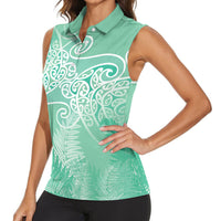 Aotearoa Maori Koru Curves Women Sleeveless Polo Shirt Silver Ferns - Mint