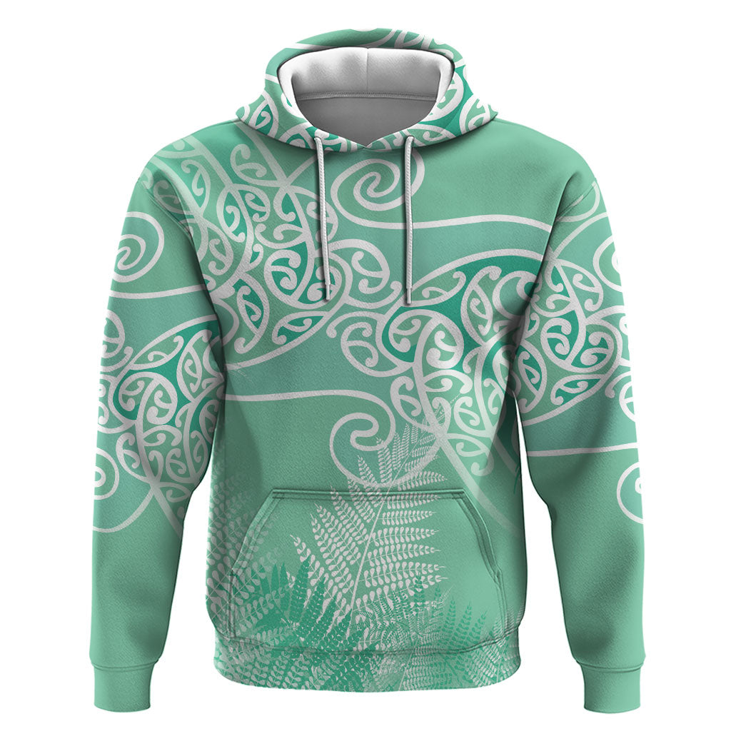 Aotearoa Maori Koru Curves Zip Hoodie Silver Ferns - Mint LT7 Pullover Hoodie Mint Green - Polynesian Pride