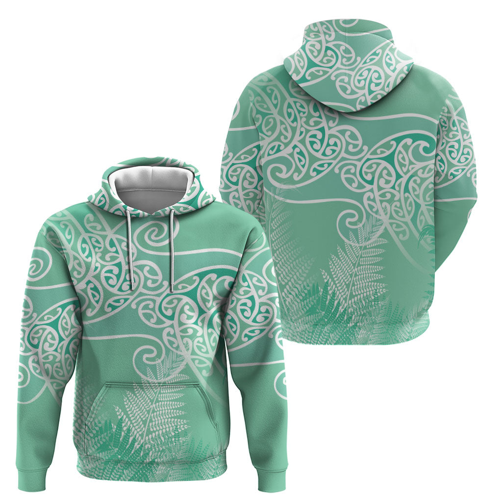Aotearoa Maori Koru Curves Zip Hoodie Silver Ferns - Mint LT7 - Polynesian Pride