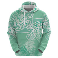 Aotearoa Maori Koru Curves Zip Hoodie Silver Ferns - Mint LT7 - Polynesian Pride