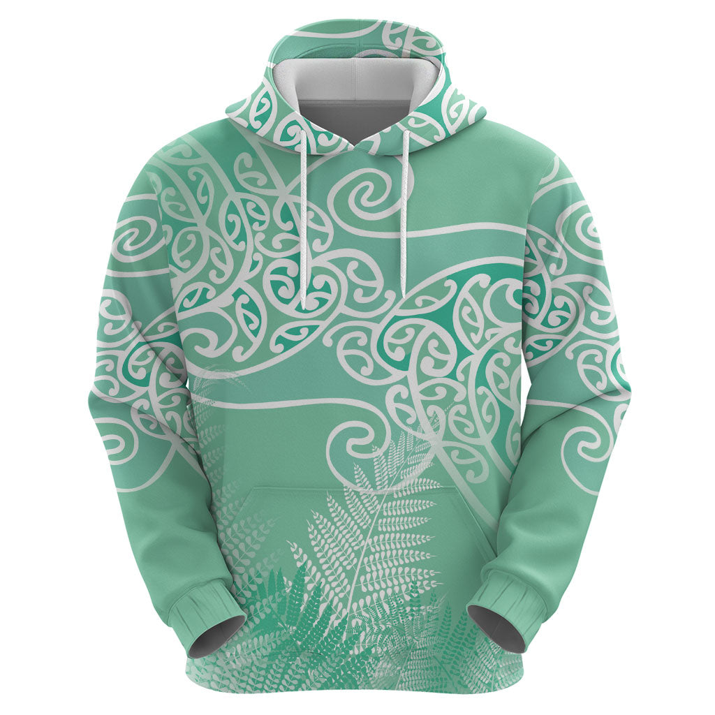 Aotearoa Maori Koru Curves Zip Hoodie Silver Ferns - Mint LT7 - Polynesian Pride