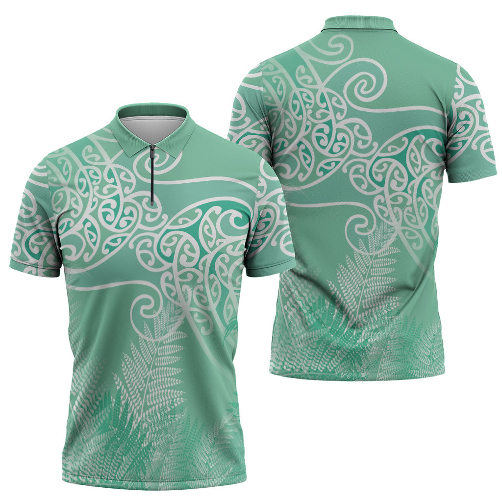Aotearoa Maori Koru Curves Zipper Polo Shirt Silver Ferns - Mint