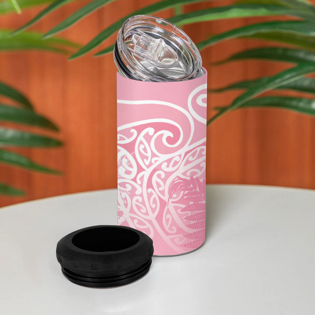 Aotearoa Maori Koru Curves 4 in 1 Can Cooler Tumbler Silver Ferns - Rose Pink