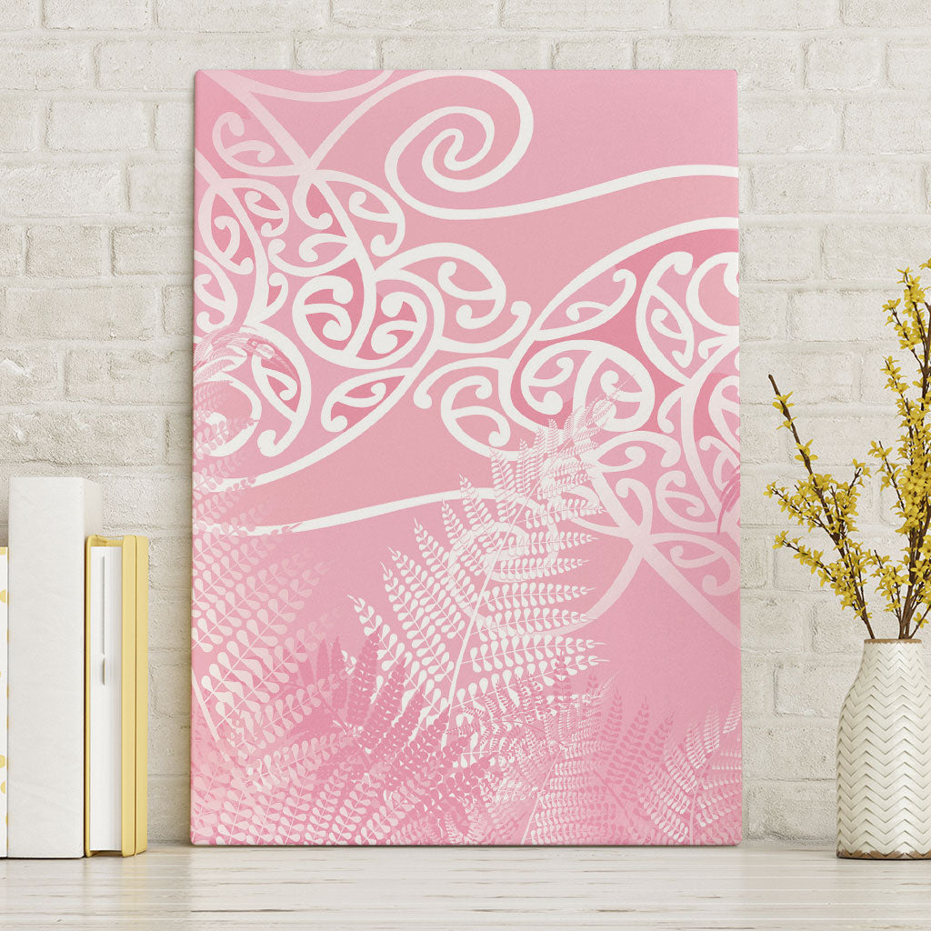 Aotearoa Maori Koru Curves Canvas Wall Art Silver Ferns - Rose Pink