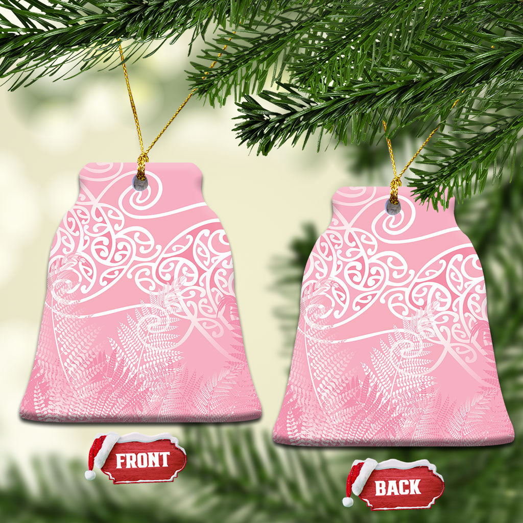 Aotearoa Maori Koru Curves Ceramic Ornament Silver Ferns - Rose Pink LT7 Bell Flake Pink - Polynesian Pride
