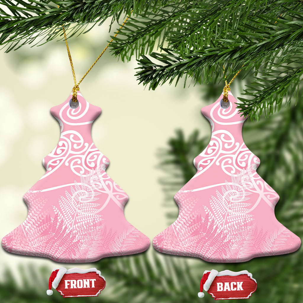 Aotearoa Maori Koru Curves Ceramic Ornament Silver Ferns - Rose Pink LT7 Christmas Tree Pink - Polynesian Pride