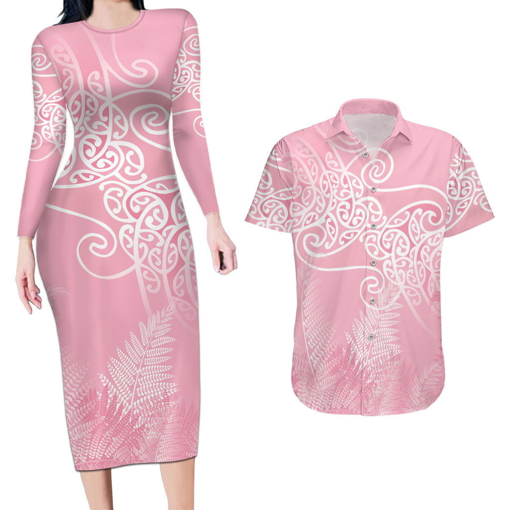 Aotearoa Maori Koru Curves Couples Matching Long Sleeve Bodycon Dress and Hawaiian Shirt Silver Ferns - Rose Pink LT7 Pink - Polynesian Pride